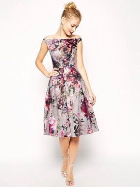 ASOS Off-Shoulder Floral Midi Dress in Silver, Pink and Purple